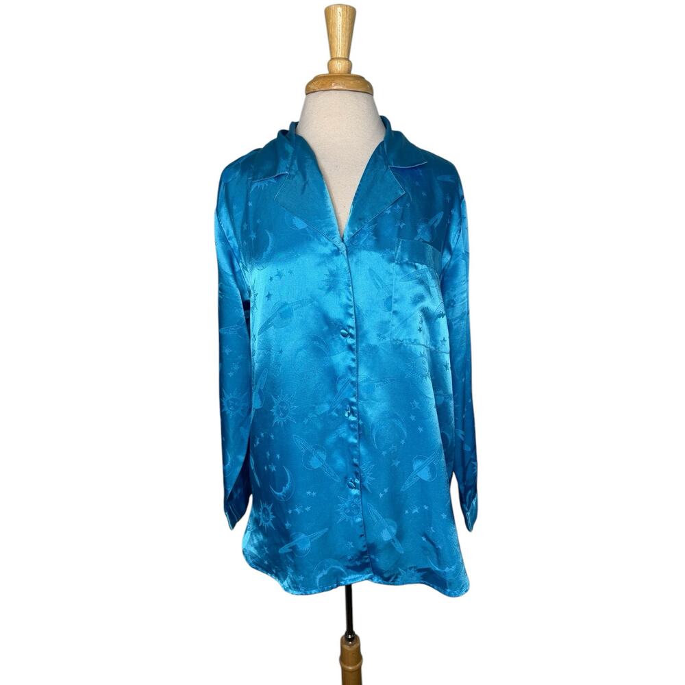 Vintage Blue Satin Celestial Blouse Size Medium Women Moon Stars Sun Planets